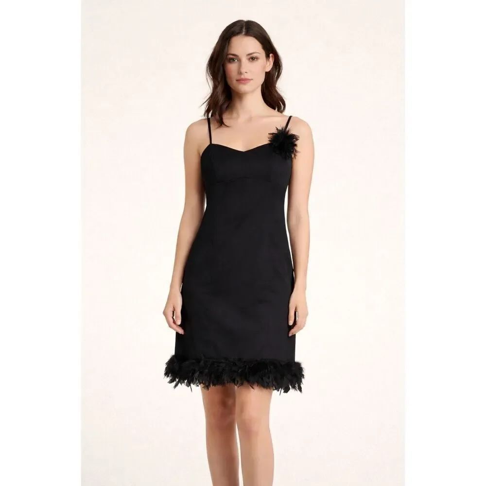 Black Feather Trim Mini Slip Dress Spaghetti Strap Womens S
